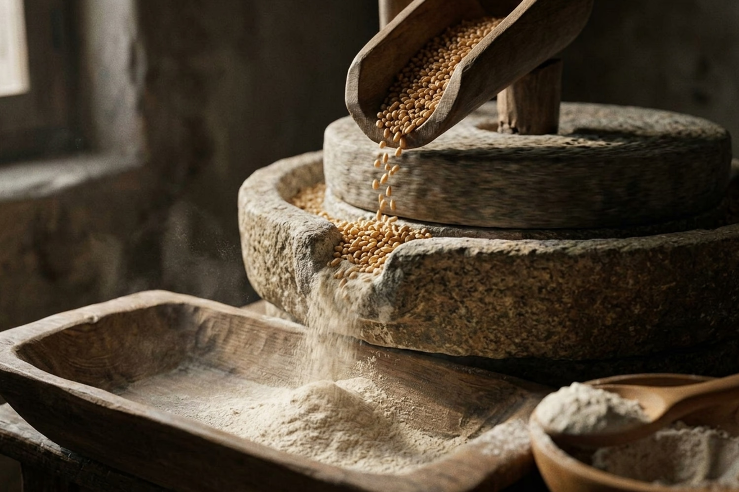 Grain falling into the stone mill