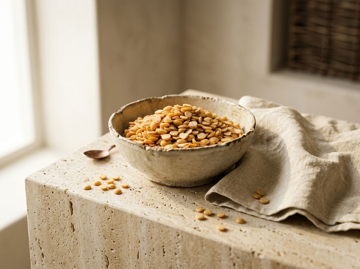 Unpolished Toor Dal in earthenic packaging with scattered pulses